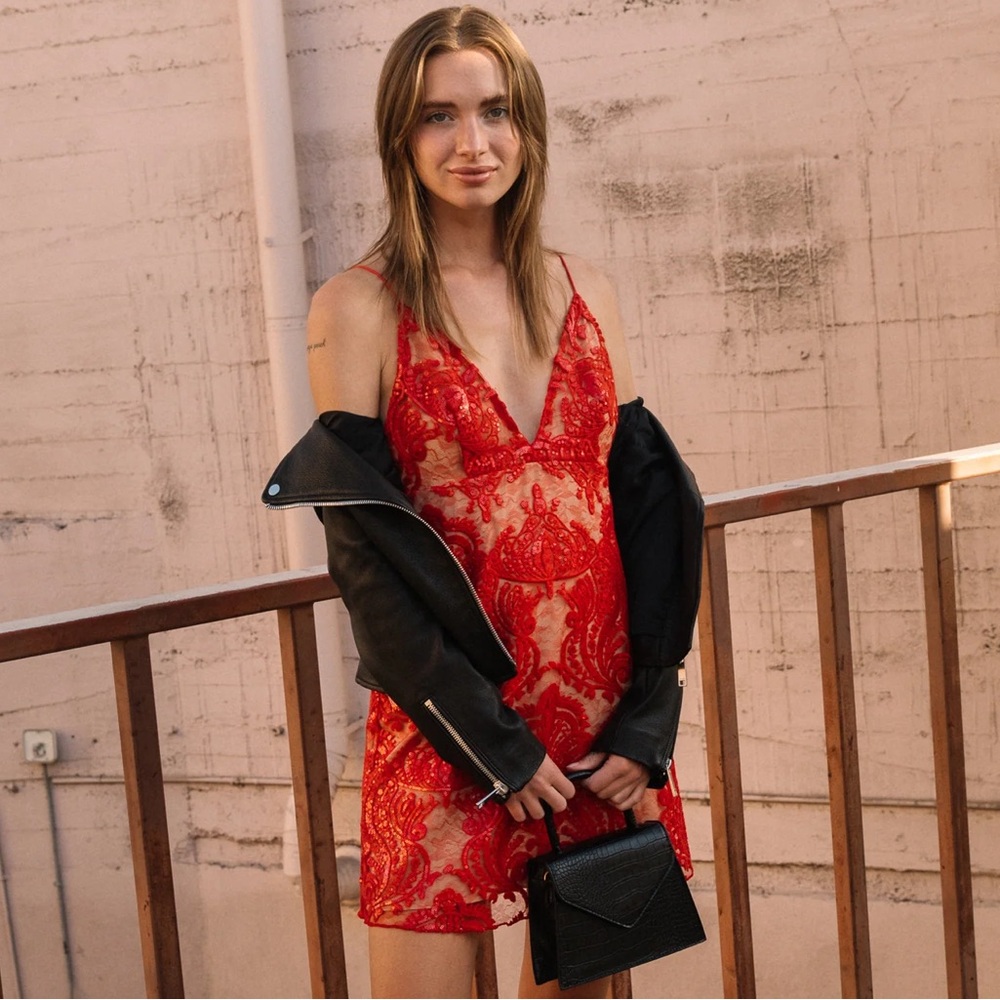 New Free People Red Night Shimmers Mesh sequins embellished Mini Dress